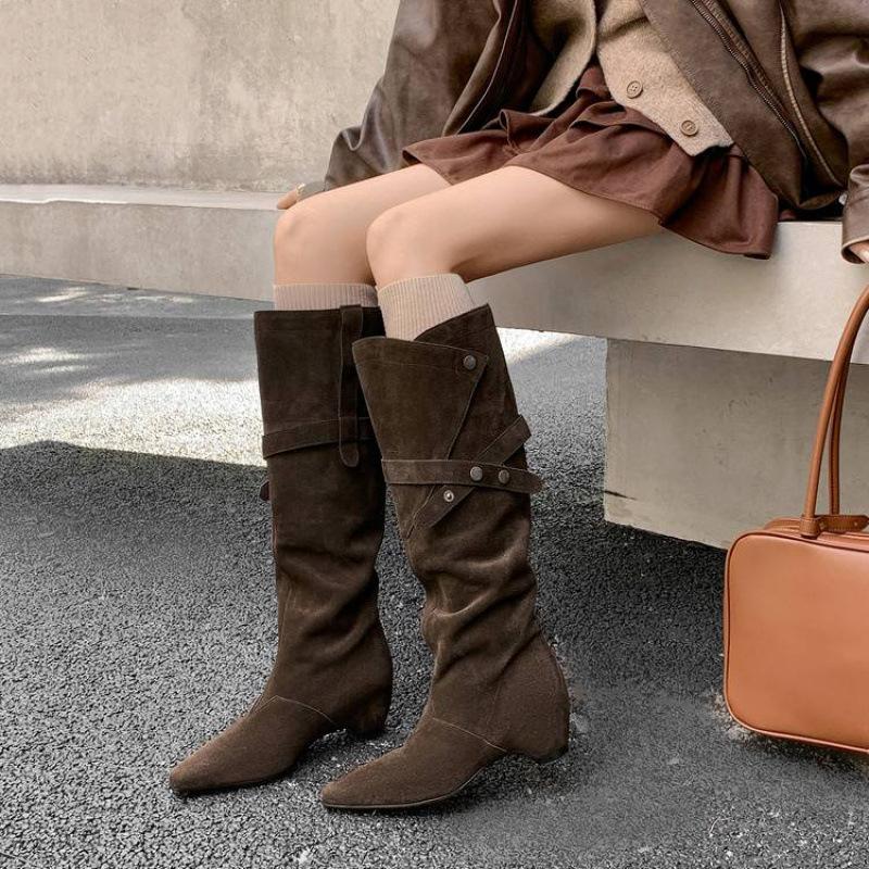European and American new pointed Martin boots solid color leather large size women's boots sleeve autumn and winter large tube circumference cow