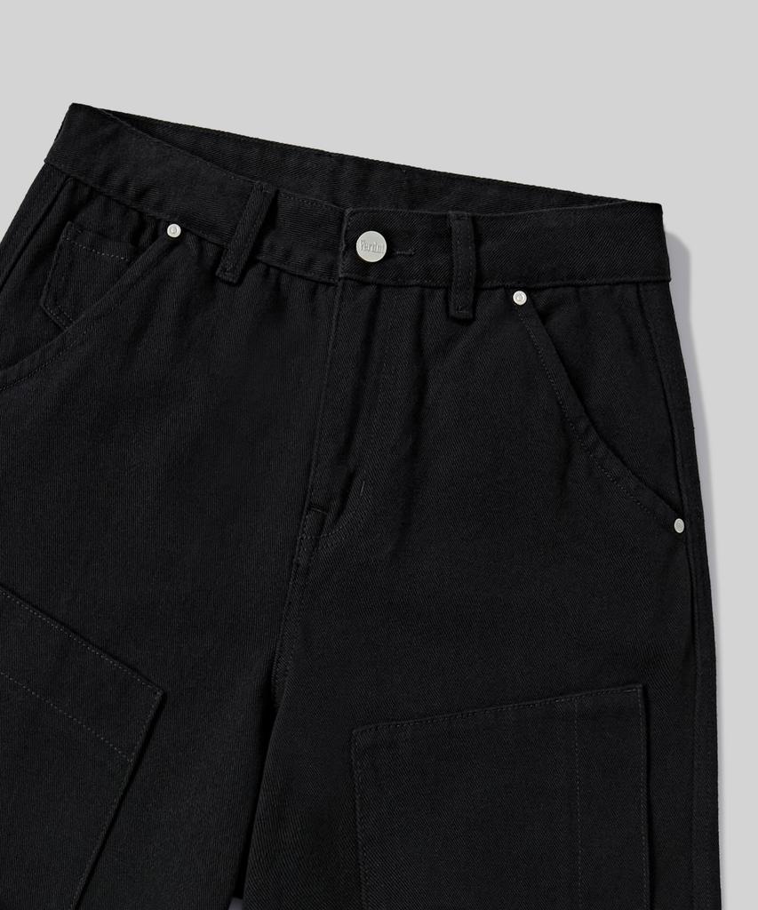 Beodeonteu Curved Cut Multi-Dart Wide Twill Pants [Black]