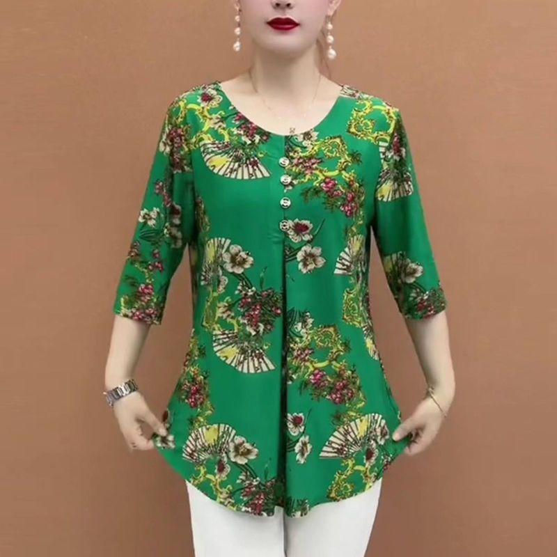 Summer Ice Silk Floral Blouse for Women Loose Round-neck Short-sleeve Pullover Printed Blouse