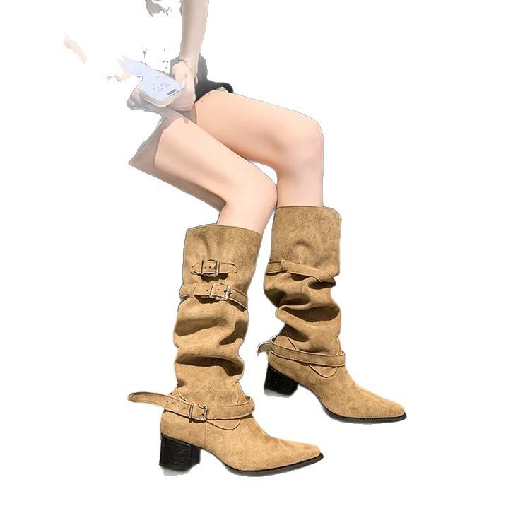 Cowhide version~ thick heel leather retro long boots women's belt buckle pleated stacking boots tall western cowboy boots