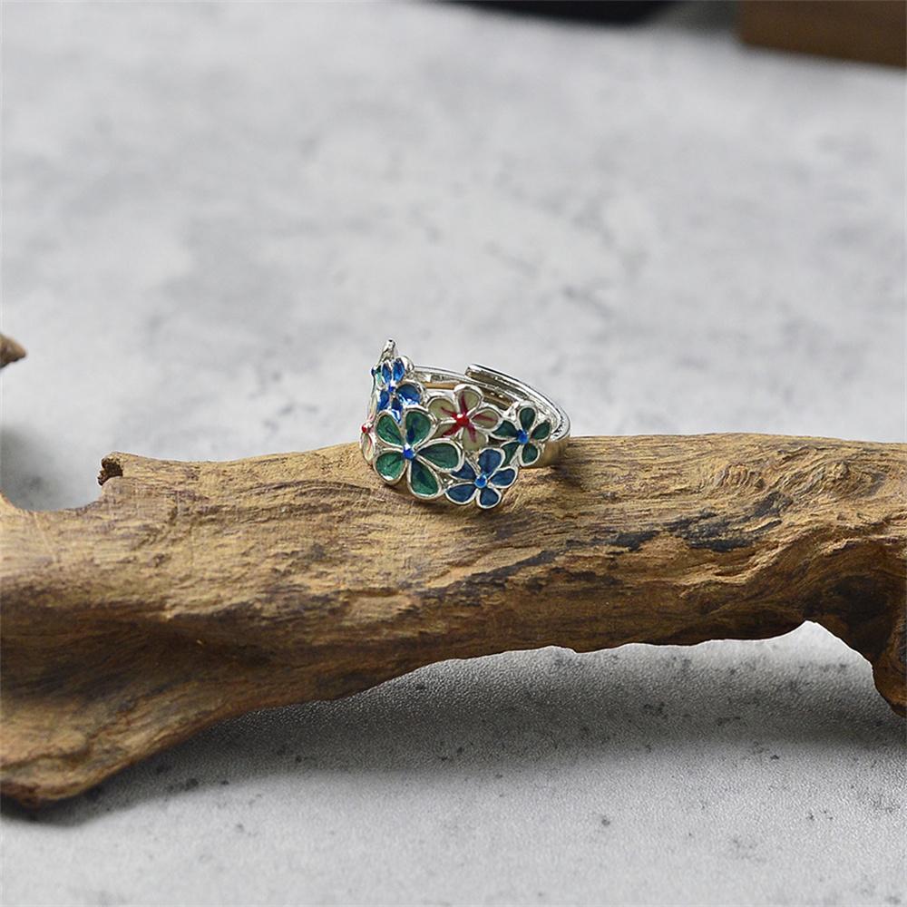 Creative Retro Exquisite Enamel Colorful Flower Opening Adjustable Ring Niche Ethnic Style Classical Gift