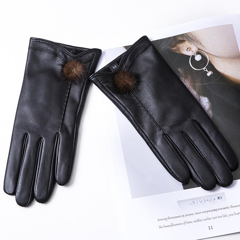 Ladies' Genuine Leather Gloves Made of Genuine Sheepskin with Fleece and Thickened  Windproof and Cold Proof  Winter Cycling Warm Gloves