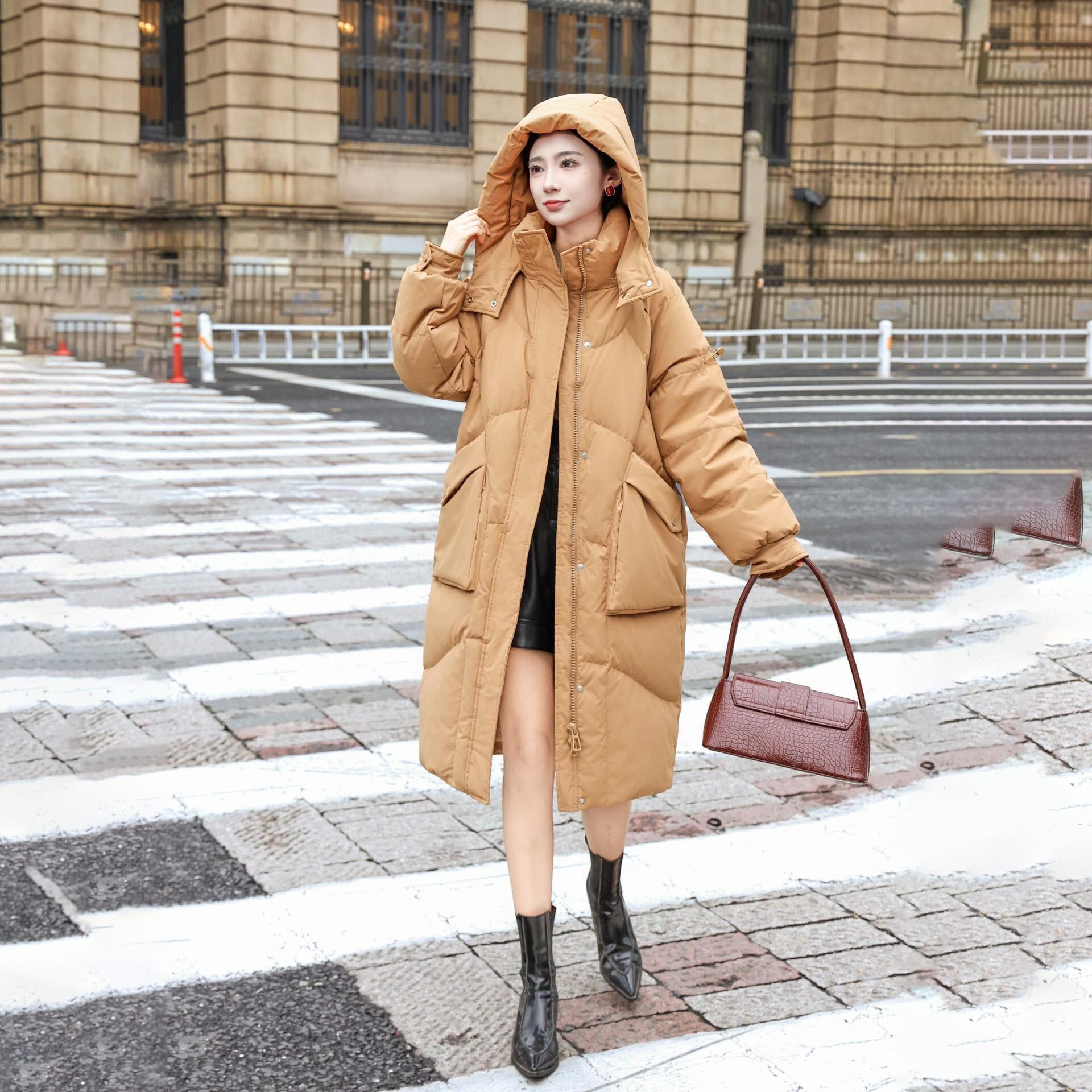 

Женская зимняя осенняя куртка-пуховик с капюшоном из белого утиного пуха, свободное длинное однотонное пальто с большим карманом, съемная шапка, пуховое пальто S имбирный