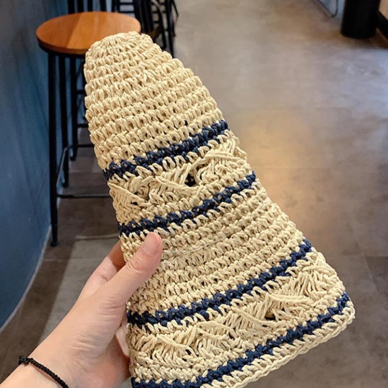 Striped Geometric Print Natural Straw Bucket Hats For Women Foldable Lightweight Sun Hatstravel & Vacation Essential