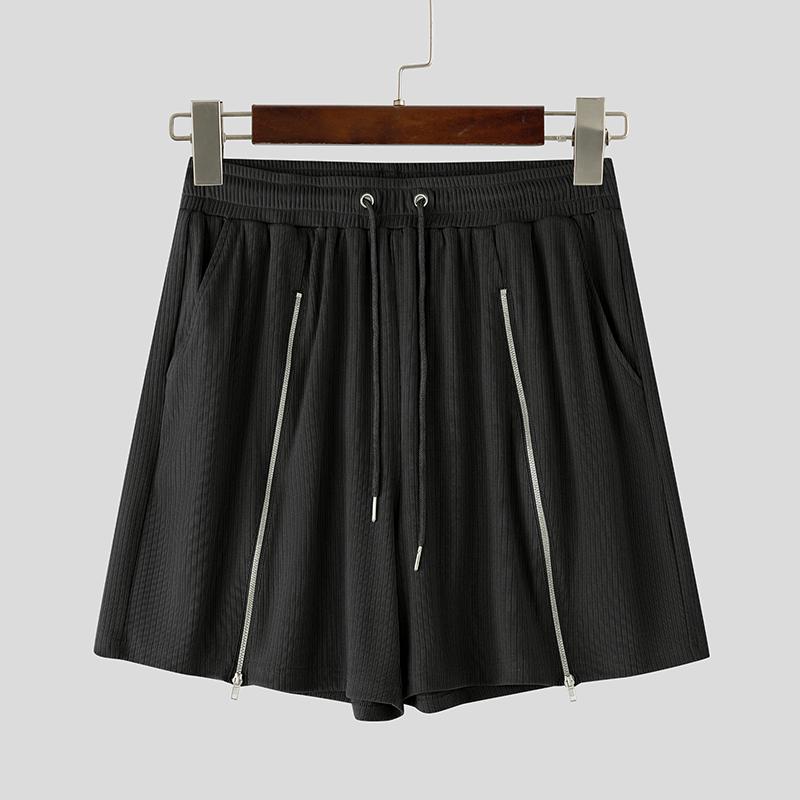 INCERUN Men Drawstring Elastic Waist Side Zip-up Casual Rib Shorts Pants Home Wear