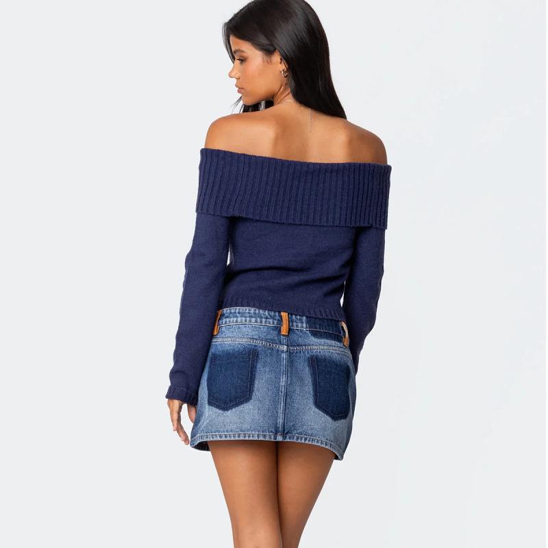2025 Women's Solid Color One-Shoulder Long Sleeve Knitted Pullover Sweater - European & American Spring Collection