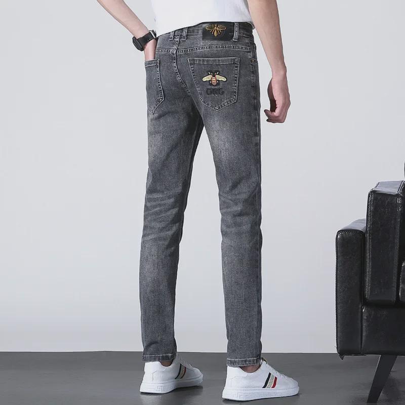 Men's European Slim Fit Stretch Jeans with Bee Embroidery