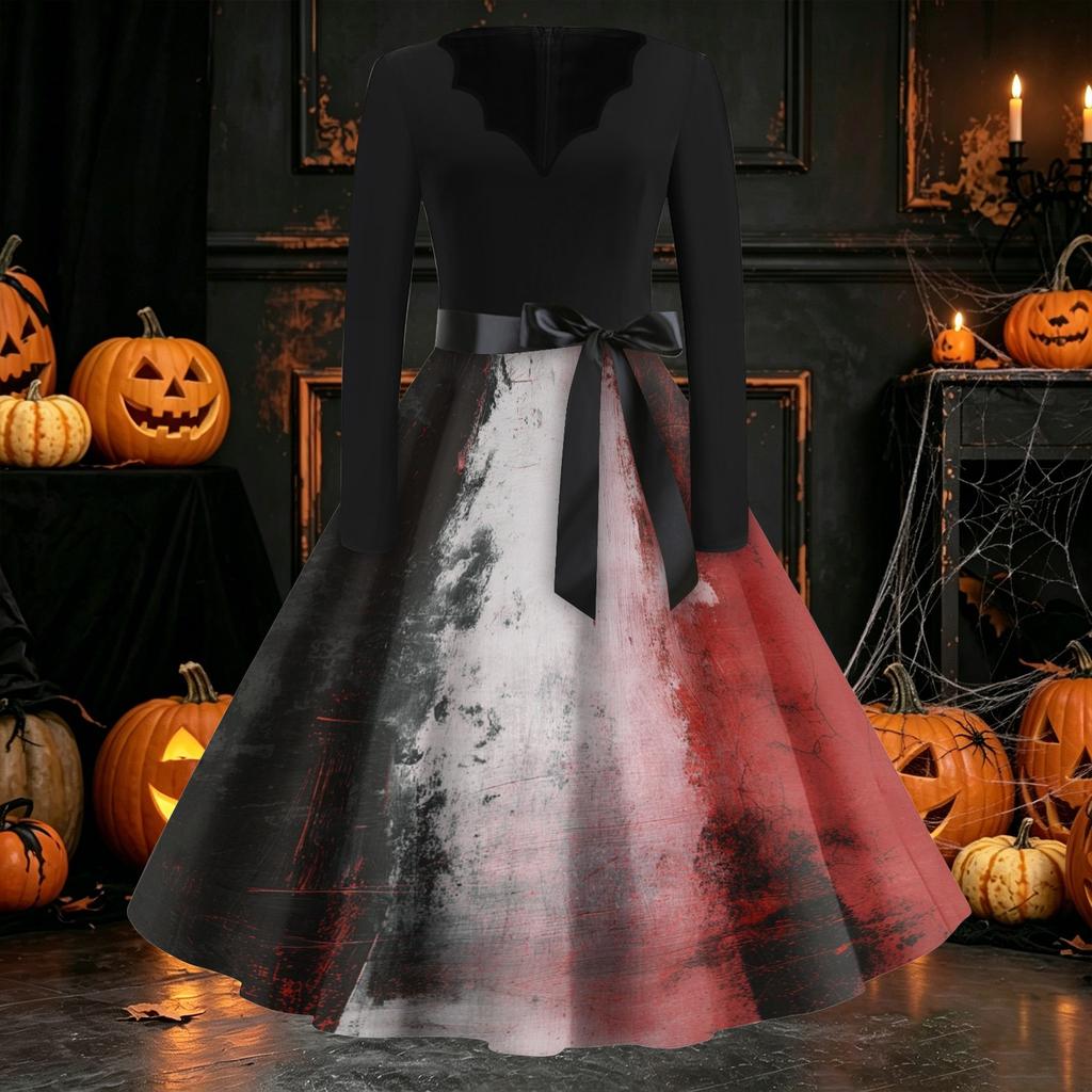 Women's Long Sleeve V Neck Vintage Style Dress with Halloween Print Casual Retro Fit and Flare Midi Dress with Waist Tie for Everyday Wear