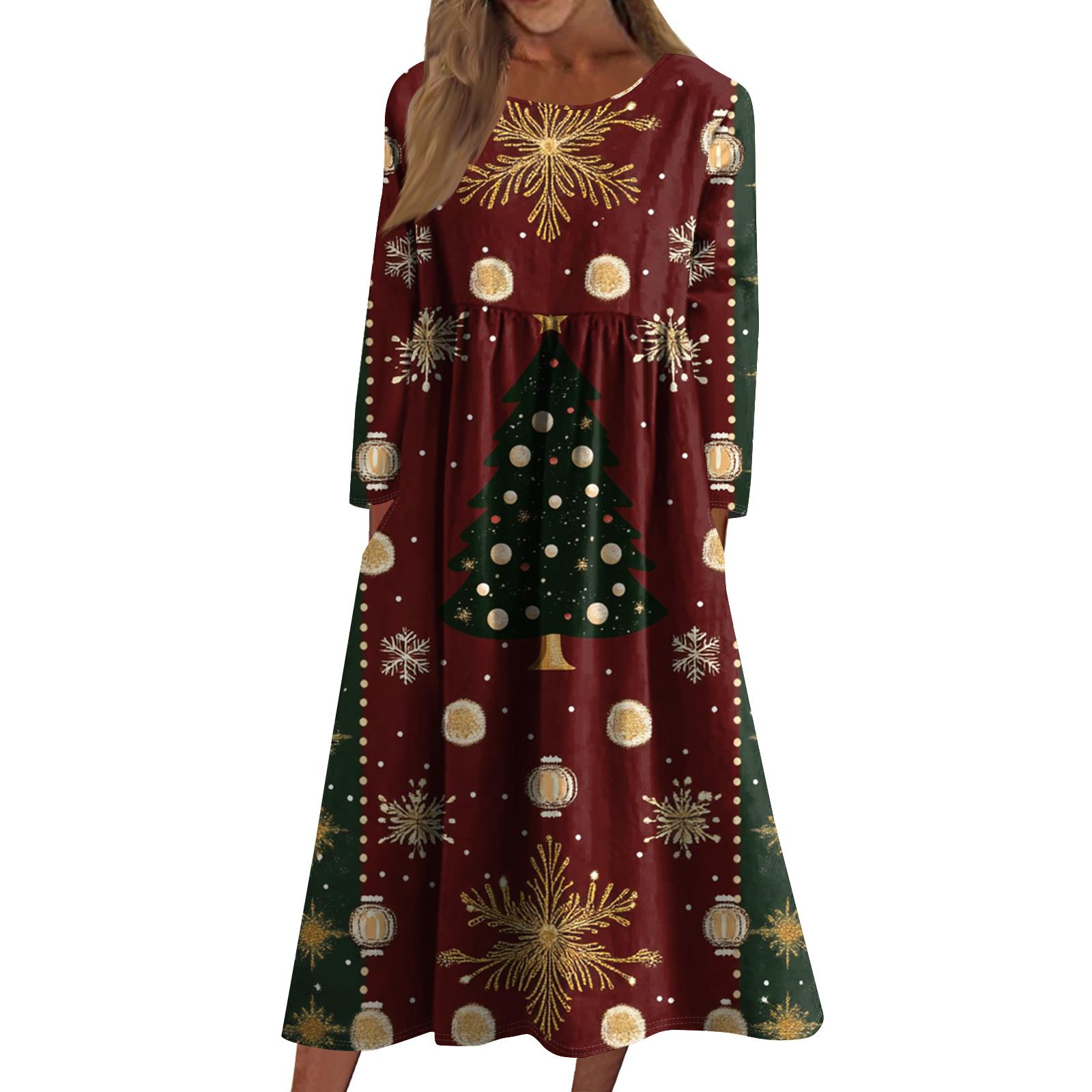 

Women s Casual Crew-neck Christmas Print Mid-length Dress Long-sleeved Dress With Pocket XL
