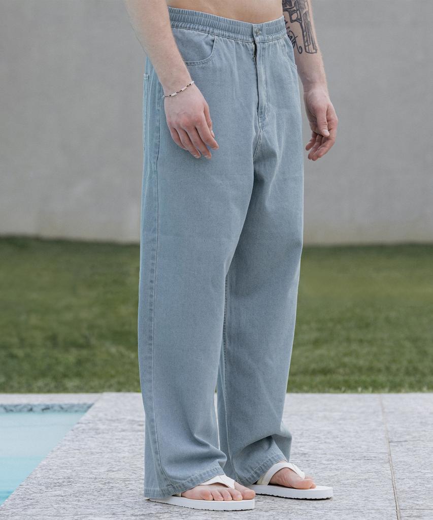 Dekkoloso Cool Flow Denim Wide Elastic Waist Pants [Light Blue]