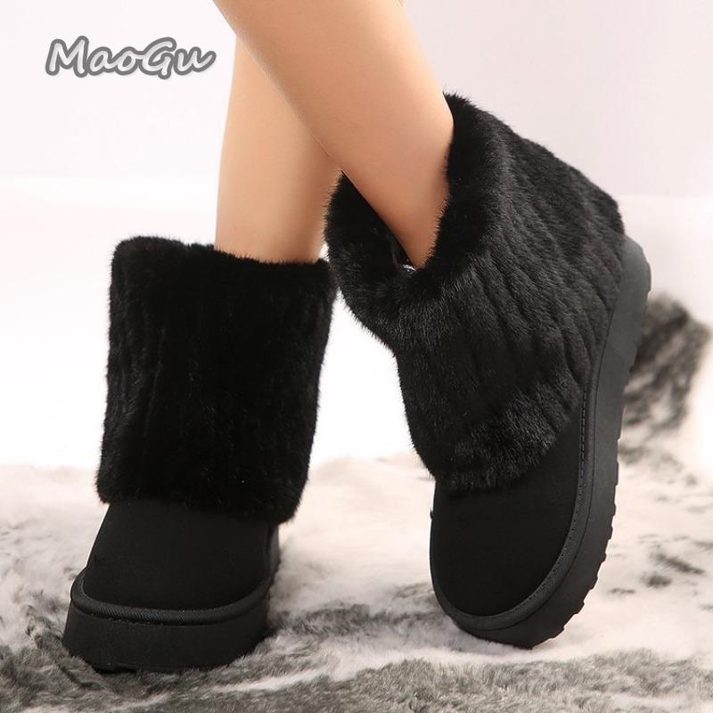 Warm Faux Fur Boots Tube Snow Boots Women 2025 Winter Round Toe Soft Thick Bottom Medium Heel Ankle Botas Winter Cotton Shoes
