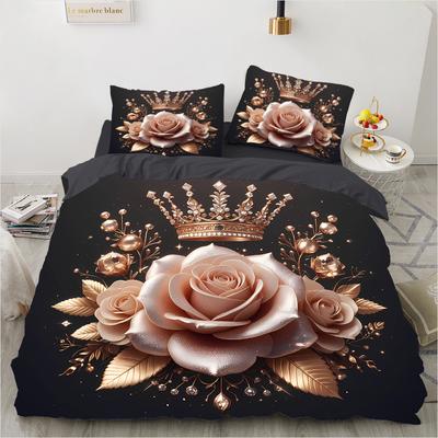 3 pièces Maison 3D Rose Imprimé Housse de Lit Simple Double Queen Housse de Couette Taie d'Oreiller Ensemble de Literie