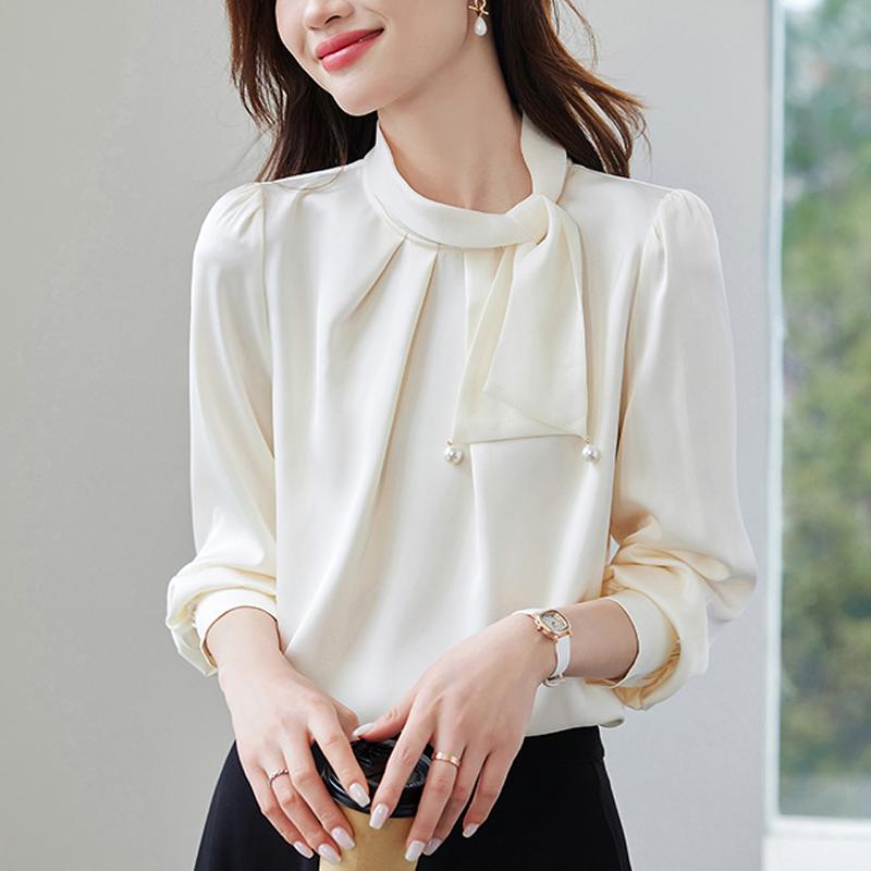 Women Blouses Shirts 2025 Spring Long Sleeve Women Blouse Shirt Bow Collar Solid Elegant Blouse Shirt Women Tops J909