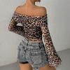 Fashion Spring and Autumn Women's Sexy Shoulder Long Sleeve T-Shirt Leopard Print Sexy Spice Top