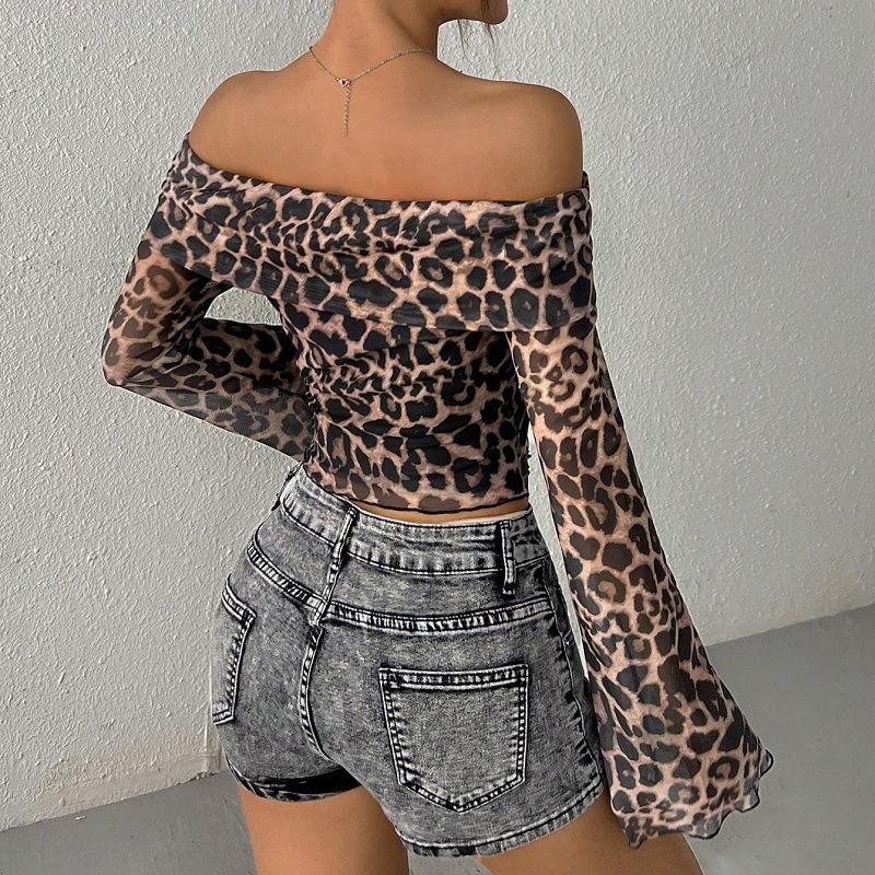 Fashion Spring and Autumn Women's Sexy Shoulder Long Sleeve T-Shirt Leopard Print Sexy Spice Top