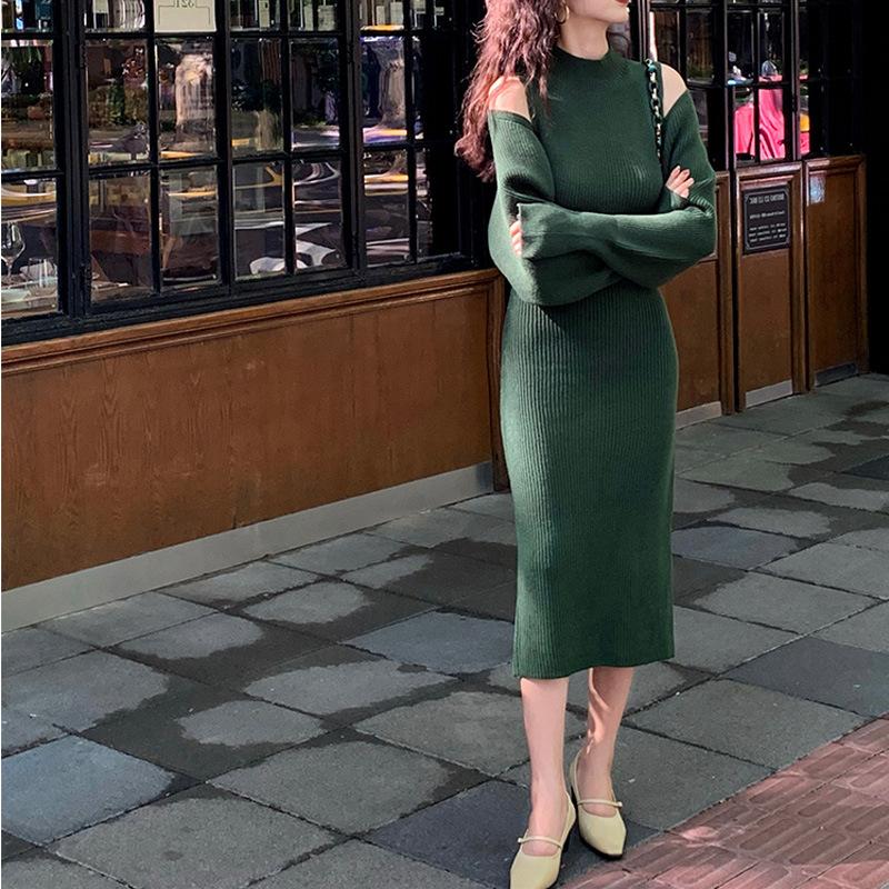 Dámské zimní 2 Pack Dlouhé svetr Bodycon Šaty Mock Neck Knited Cardigan