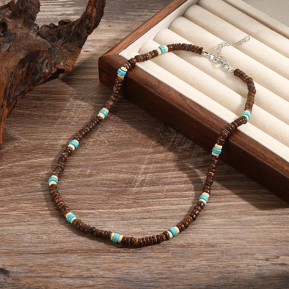 Summer Beach Bohemian Wood Chip Coconut Shell Necklace Men's Surf Necklace Simple Tribal Stainless Steel Necklace