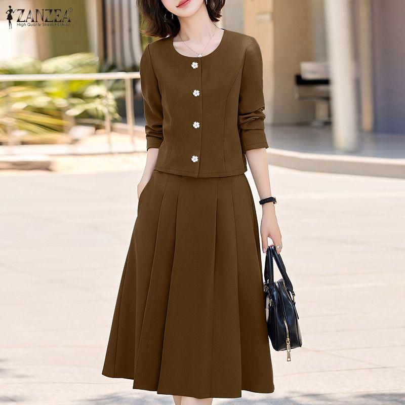 ZANZEA Damska Bluzka z Długim Rękawem i Spódnice Casualowe Zestawy Dwuczęściowe