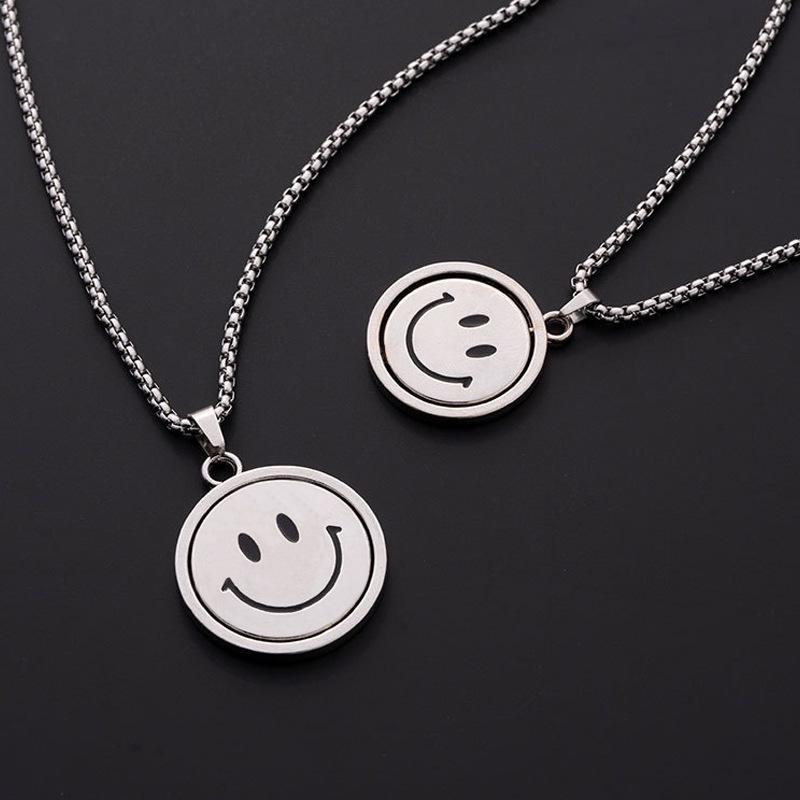 Versatile Smiley Face Double-Sided Rotating Titanium Steel Pendant Necklace for Women - Trendy Hip Hop Sweater Chain