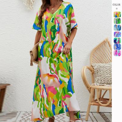 Summer New Elegant Long Dress V-Neck Printing High Waist Loose Swing Short Sleeve Dress Women