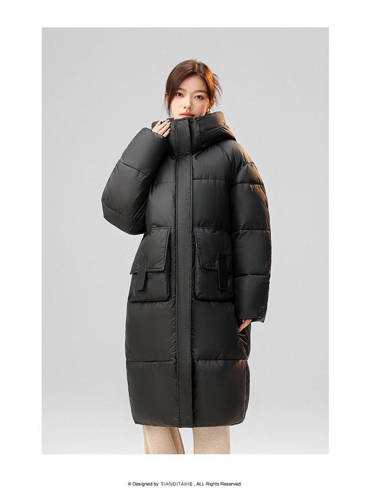 Women's Mid-Length Hooded Down Coat - Korean Style, Plus-Size, Thick Winter Outerwear
