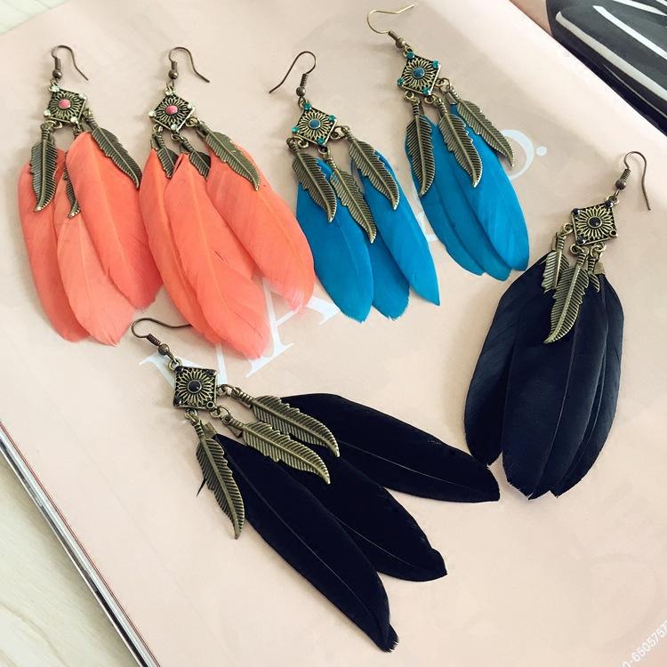 Bohemian Retro Style Feather Fringed Earrings, Bronze Leaves Elegant Exaggerated Earrings Women's Ear Jewelry
