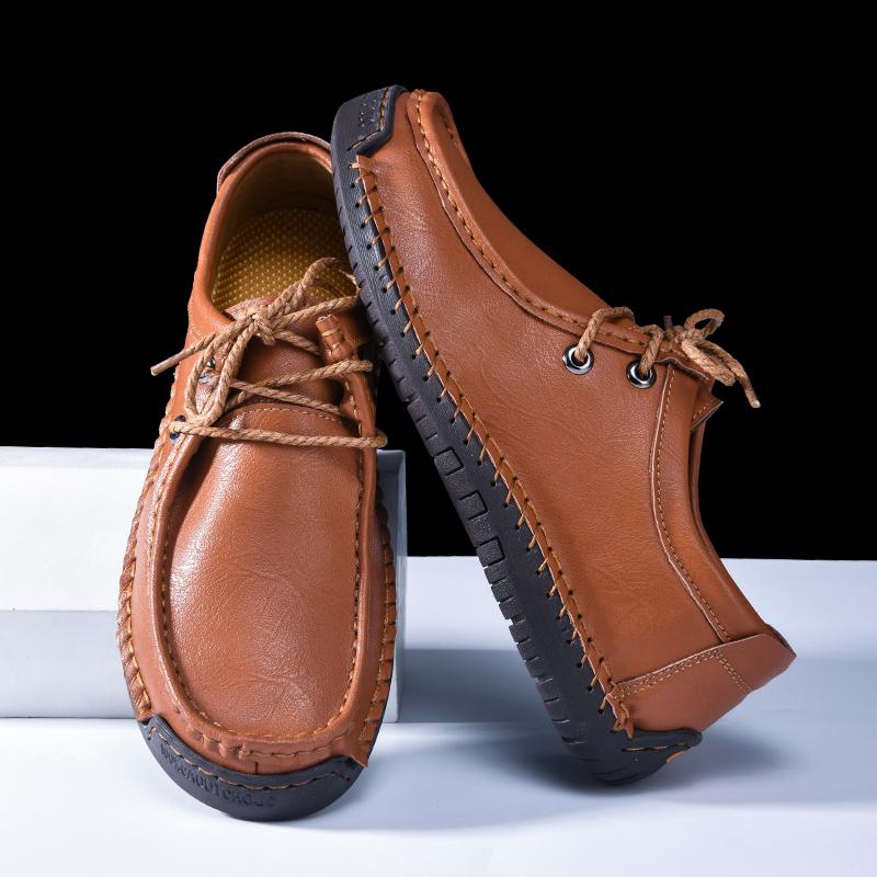 Fashion New Fashionable Leather Men's Casual Shoe  Solid-Color Comfortable Driving Shoe  Breathable And Anti-Slip Lace -Up Driving Shoes