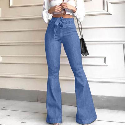 Damen Jeans High Stretch Weitbeinige Hosen Schnürung Knopf Reißverschluss Fliegen Denimhosen mit Taschen Urlaub Alltagskleidung