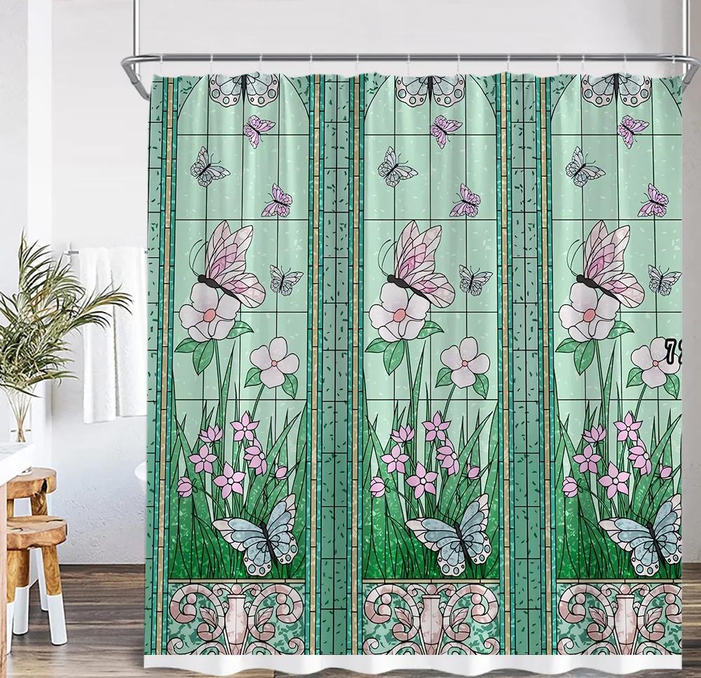 Stained Glass Garden Shower Curtain Butterfly Flowers Church Colored Painting Glass Wall Art Bath Curtain Aesthetic Bath Curta
