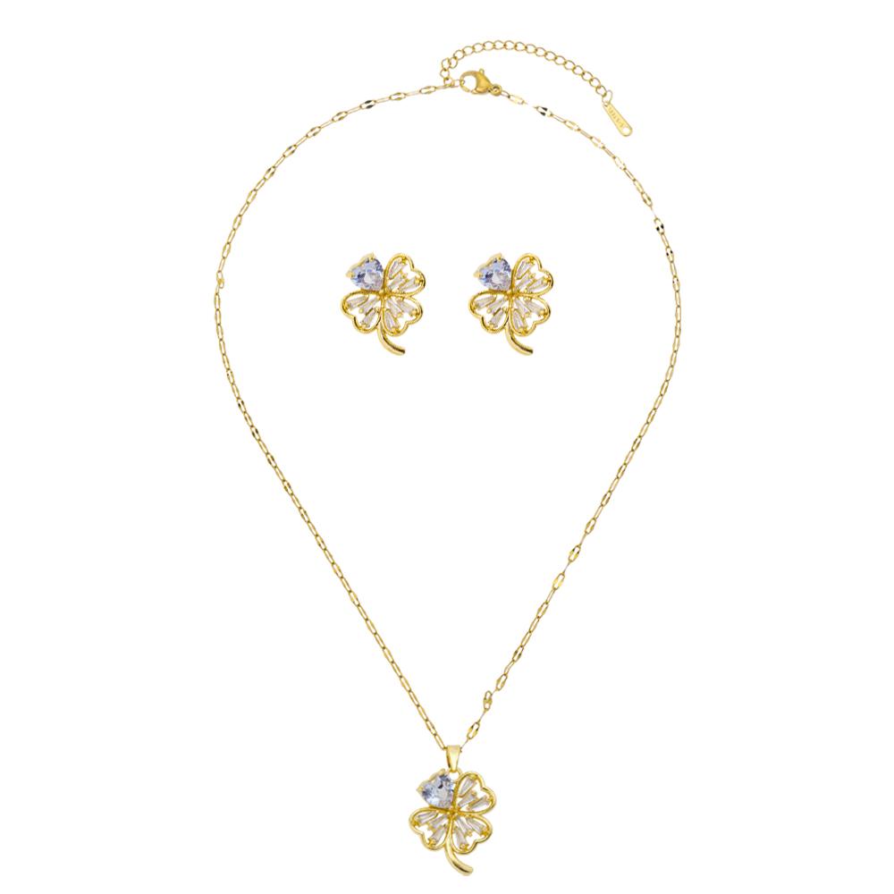 Gold Pendant Necklace and Stud Earrings Set for Women Four Leaf Clover Charm Fashion Jewelry Gift Adjustable Chain