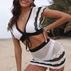 2Pcs/Set Women Swimsuit Set V-neck Hollow Crochet Front Tie Tops High Waist Cover Up Skirt Set Patchwork Color Swimwear