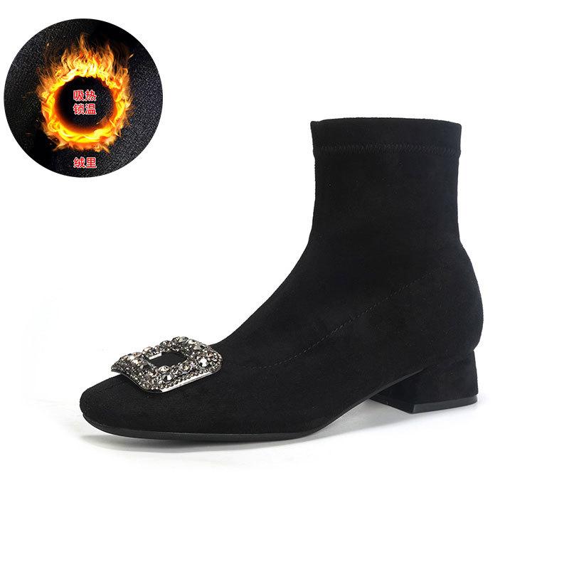 Suede Skinny Boots Coarse Heel Medium Heel Short Boots Women's Autumn and Winter Single Boots Rhinestone Square Head Internet Celebrity Elastic Flee