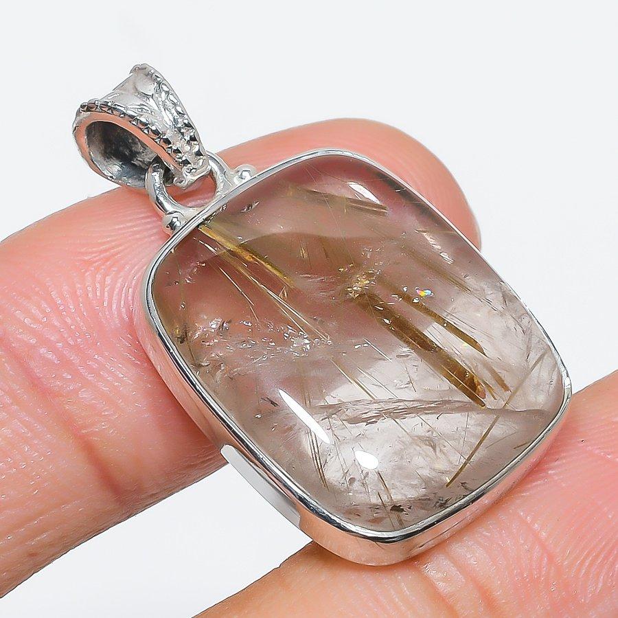Natural Golden Rutile Gemstone 925 Solid Sterling Silver Gift Pendant 1.25" u8J69