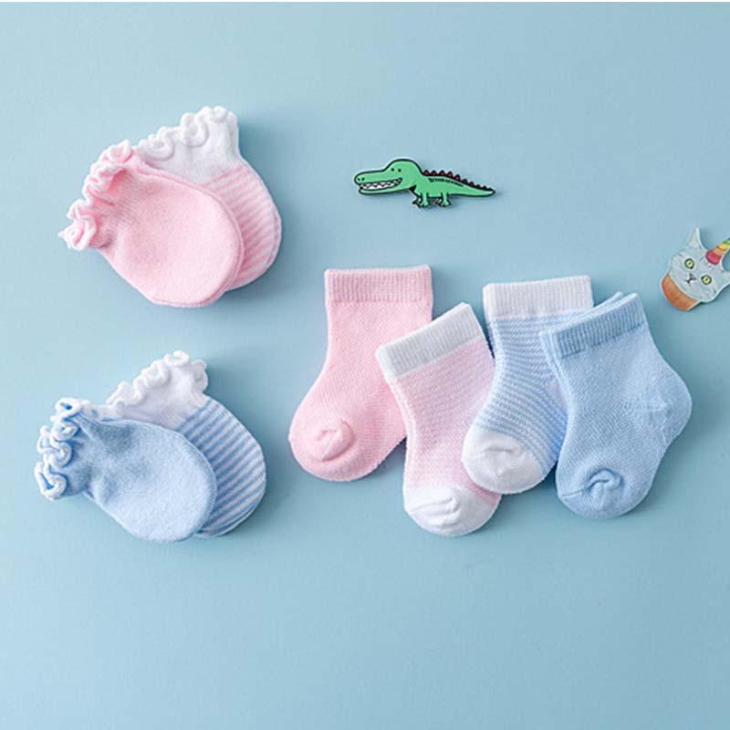 Newborn Anti Scratch Cotton Soft Baby Socks Gloves Sets Solid Color Boys Girls Mittens Suits 2 pair