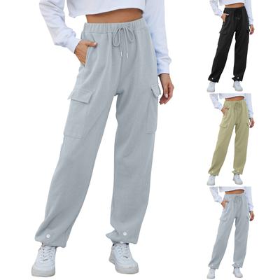 Damenhose mit elastischer Taille und lässiger, aktiver Passform, weites langes Bein, Hose mit Taschen