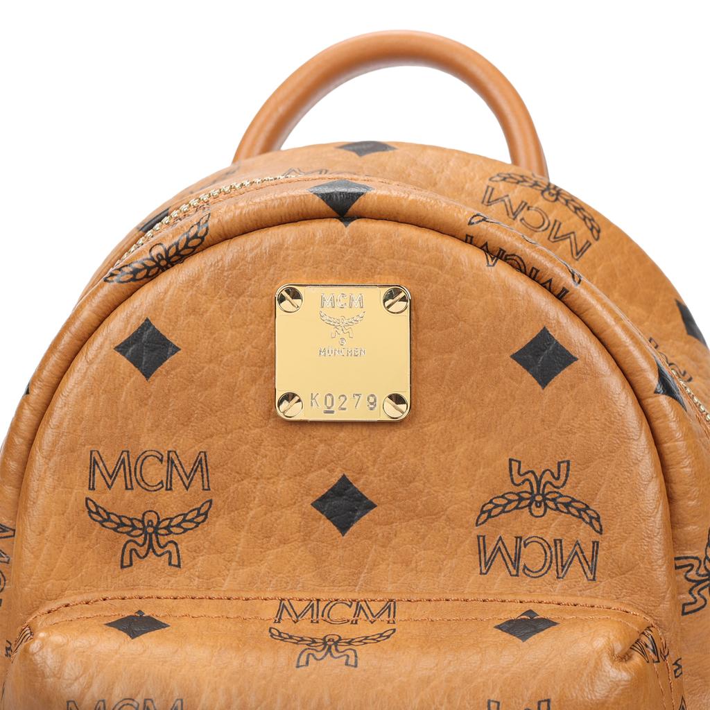 MCM Stark Classic Double-Sided Studded Coated Canvas And Leather Trim Backpack Mini Unisex Backpack Brown Cognac MMKAAVE13CO001