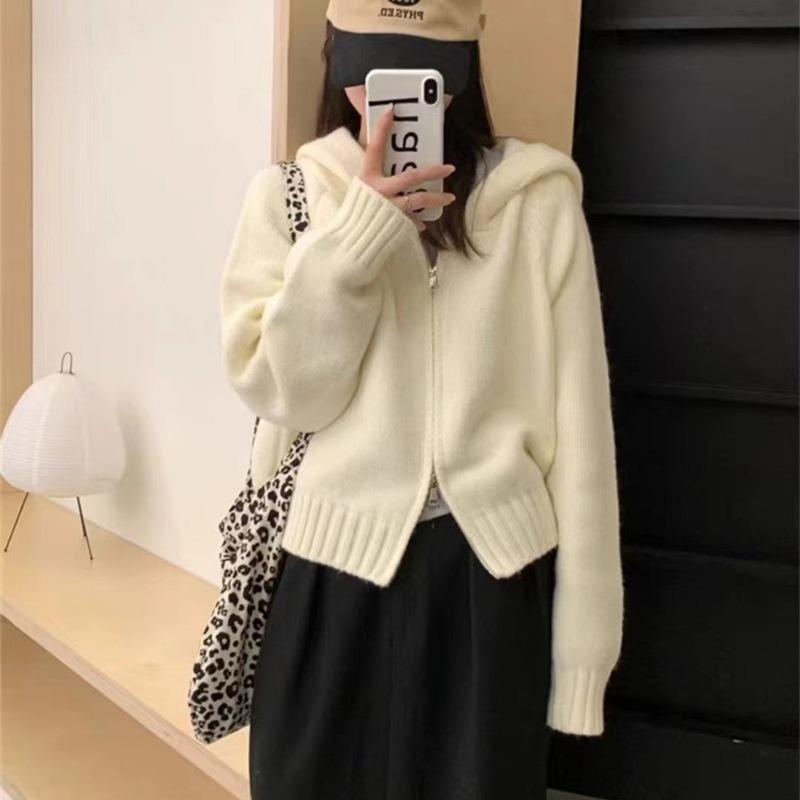 Double Zipper Hooded Knitted Cardigan Women's Autumn Lazy Style Niche Design Sense Stacked Wearing Short Chic Coat
