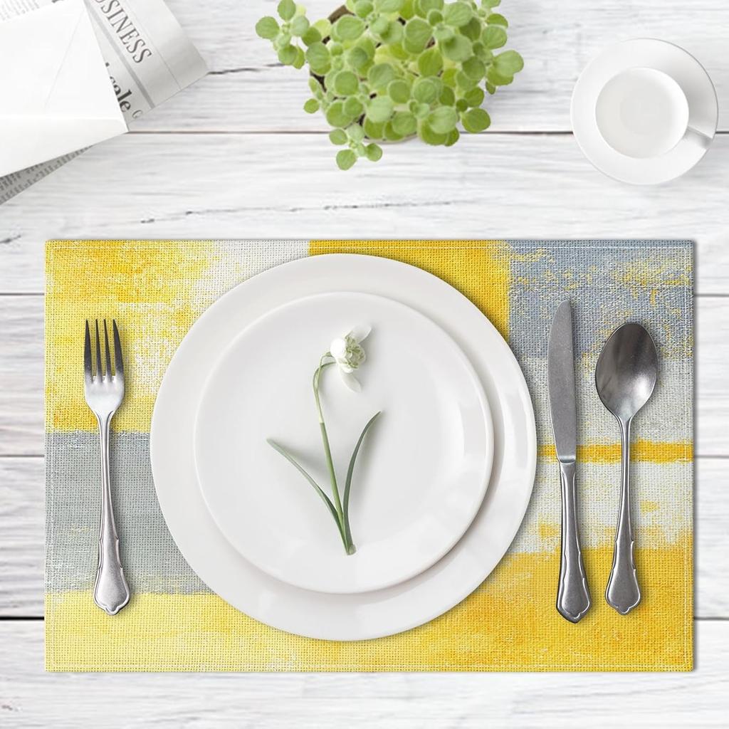 Farmhouse Placemats Set of 4, 12x18 Inch Modern Grey White and Yellow Art Painting Table Mats for Outdoor Home Party Kitchen Dining Decoration