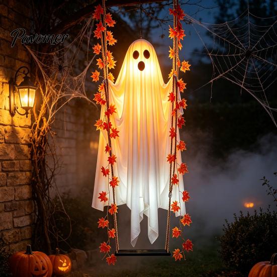 Autumn Garden Landscaping Props Halloween Hanging Swing Ghost Decoration with Maple Leaf, LED Lighted Large Spooky Funny White Ornament Swinging