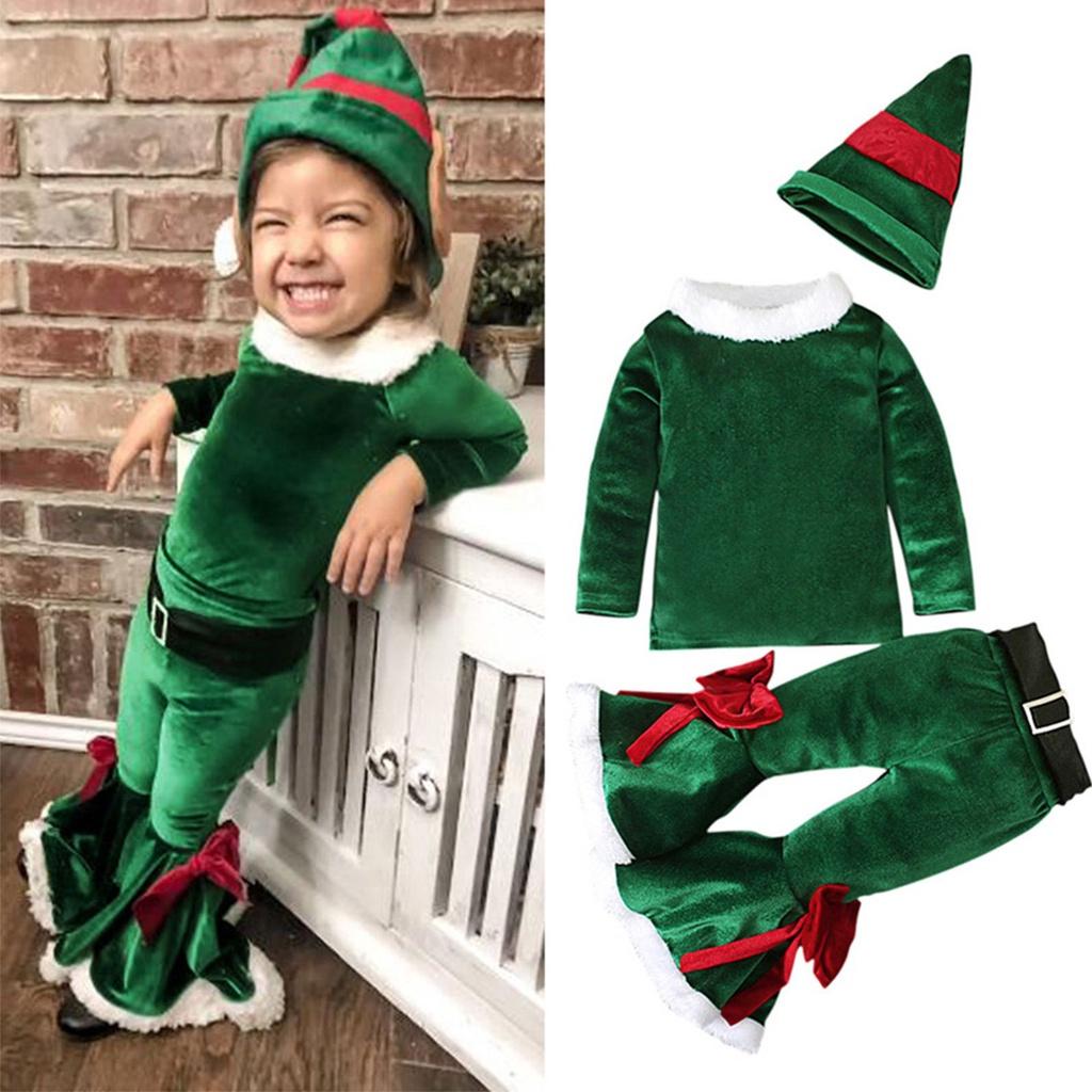 Festive Christmas Kids Girls Plush Flared Pants Suit With Santa Hat Tree Hat
