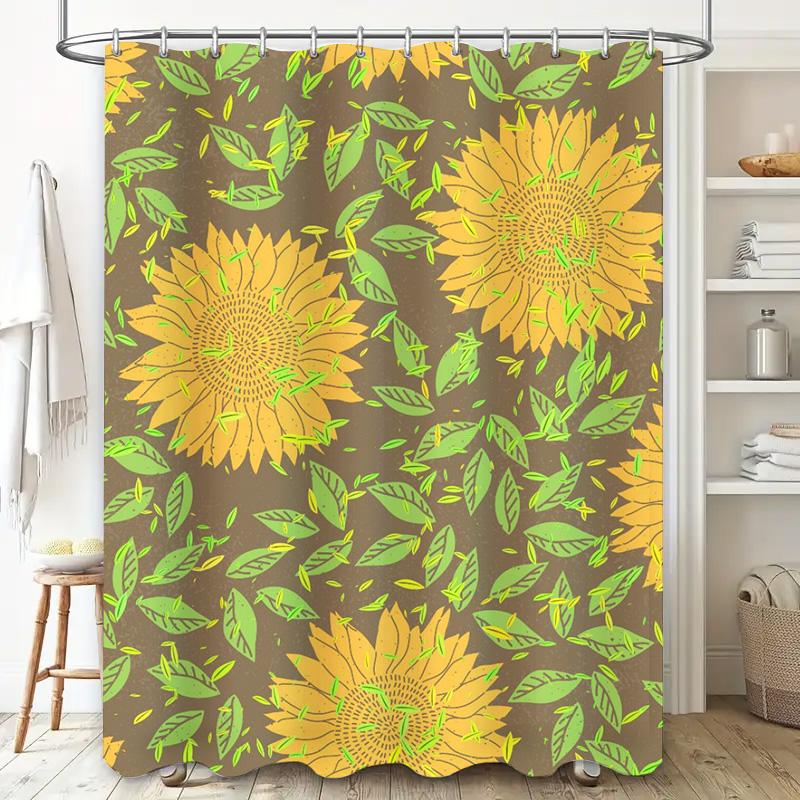 Yellow Sunflower Shower Curtain Bath Decor with Leaves Pattern Print for Home Decoration Orange Green Brown Yellow