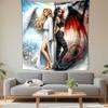 Split Angel and Devil Girl Back To Back Wall Tapestry Halo Horns Wings Gothic Fantasy Decor for Bedroom