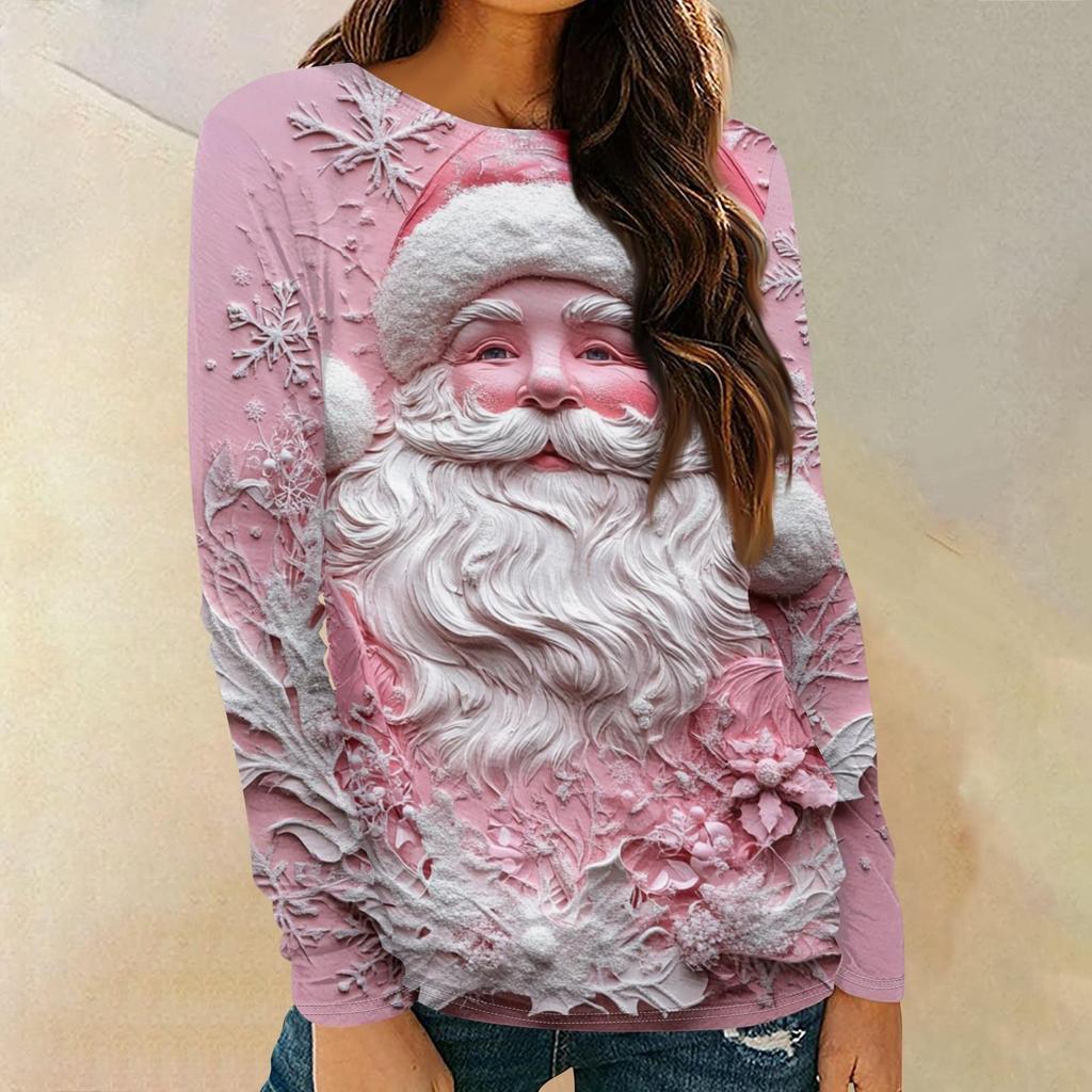 Christmas Party Women T-shirt Santa Claus Print Long Sleeve Holiday Graphic Tops O-Neck Casual Style Fall Winter Female Tees