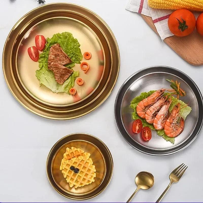 4PC Metal Dining Dish Stainless Steel Round Plate Shallow Tray BBQ Picnic Camping Food Container Tableware Dessert Plate Kitchen