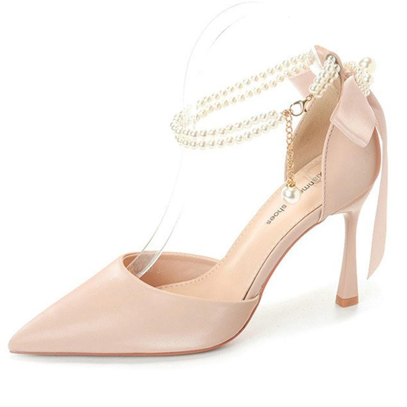Fashion 2025 New Hollow Head High Heel Sandals Pearl Slim Heels Senior Sense Nude Nightclub Shoes Women