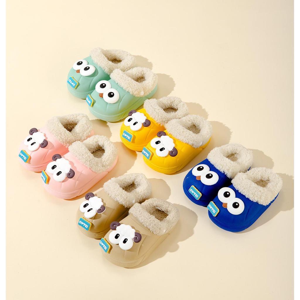 Children's Winter Cotton Slippers: Warm, Cute Cartoon Sheep Design, Big Eyes, Detachable, Non-Slip, Parent-Child Set.
