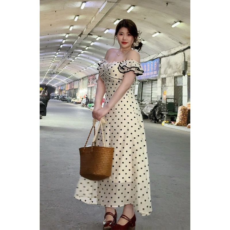 Dmcc Romantic Prelude French-Style Off-Shoulder Polka Dot Strap Dress for Slightly Plump Women, Slimming Plus-Size Summer Dress Small [Polka Dot Skirt] M