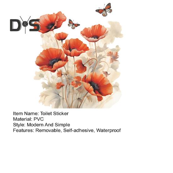 Red Flower Butterflies Toilet Sticker Removable Self-adhesive Waterproof PVC Living Room Bathroom Wall Art Floral Toilet Lid Decoration Decal