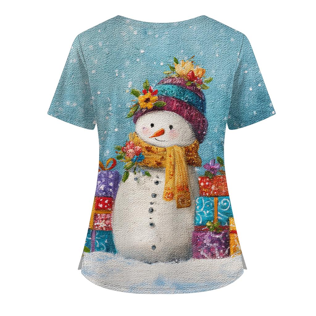 Women's Short Sleeved Christmas Printed V-neck Buttonable Side Slit Top T-shirt