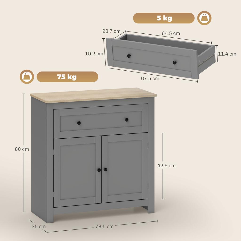 Keukenbijzetkast met Lade en Kast met Verstelbare Plank, in Hout, 78,5x35x80 cm, Veelkleurig